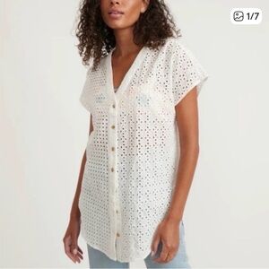 Marine Layer Eyelet Airy Tunic Top Vneck White Button Front Coverup